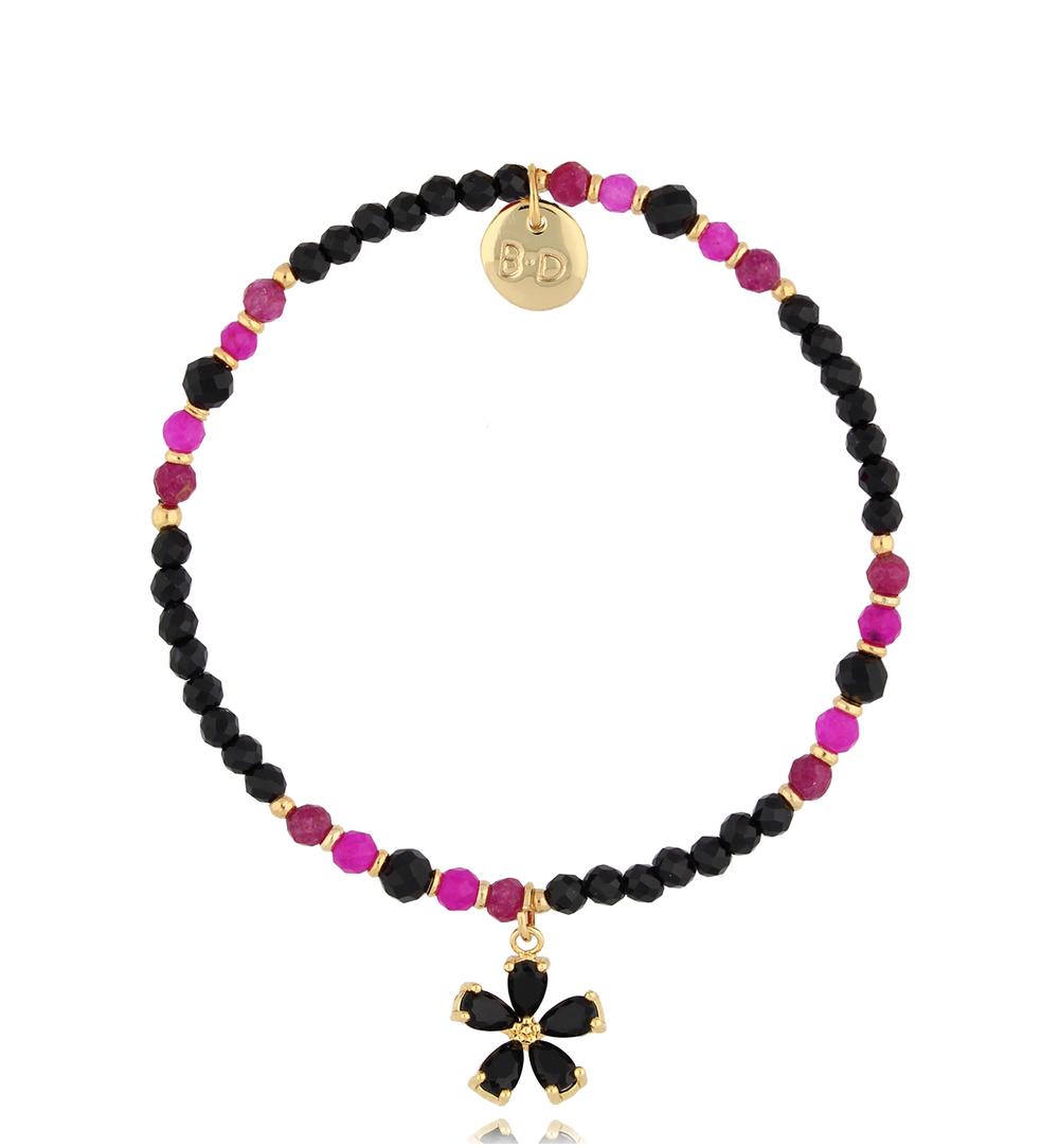 Tourmaline and Jadeite Stones Bracelet with Black Crystal Flower 1526