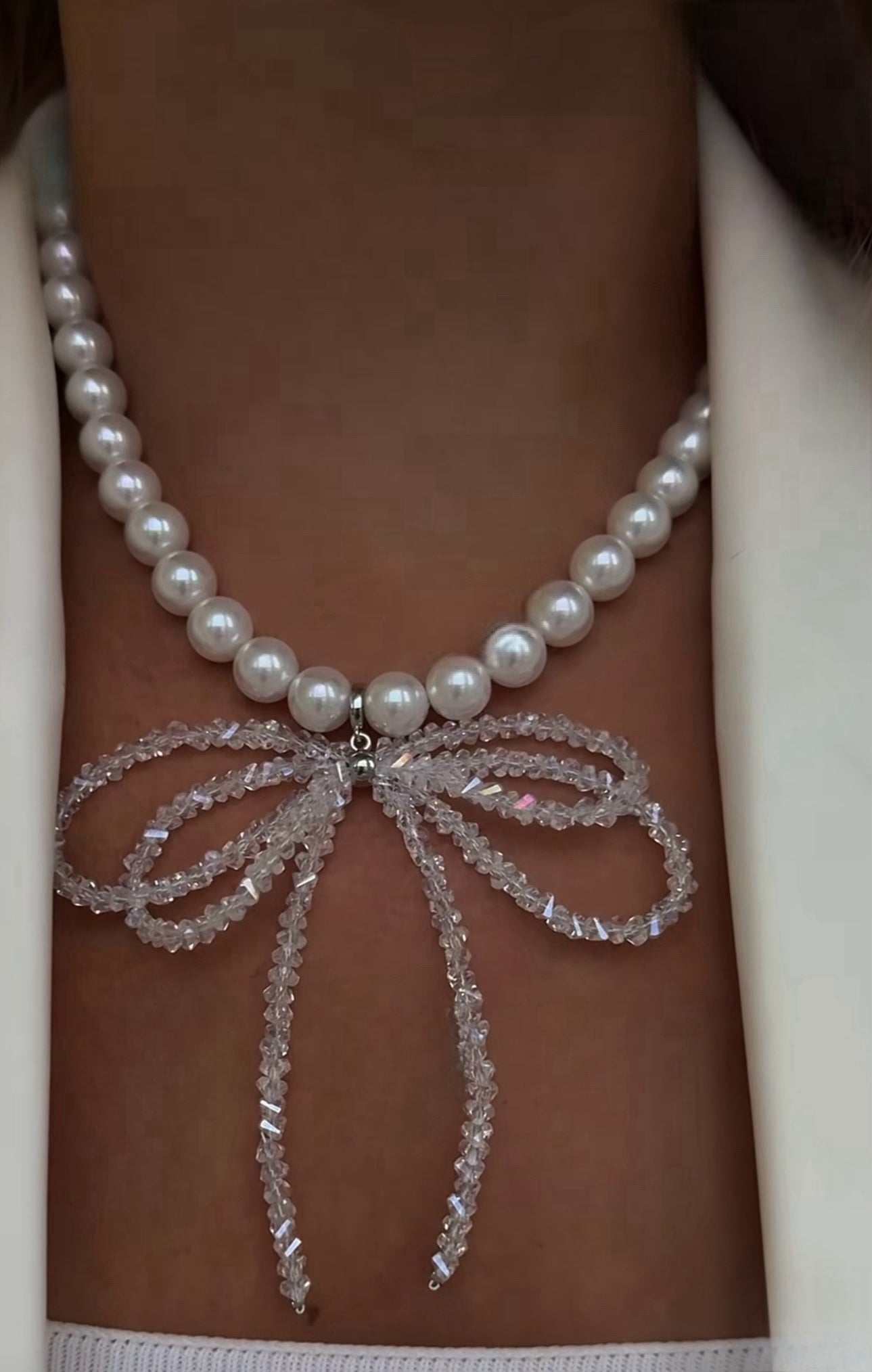 Shell Pearl Necklace with Crystal Double Bow & Silver Finishing