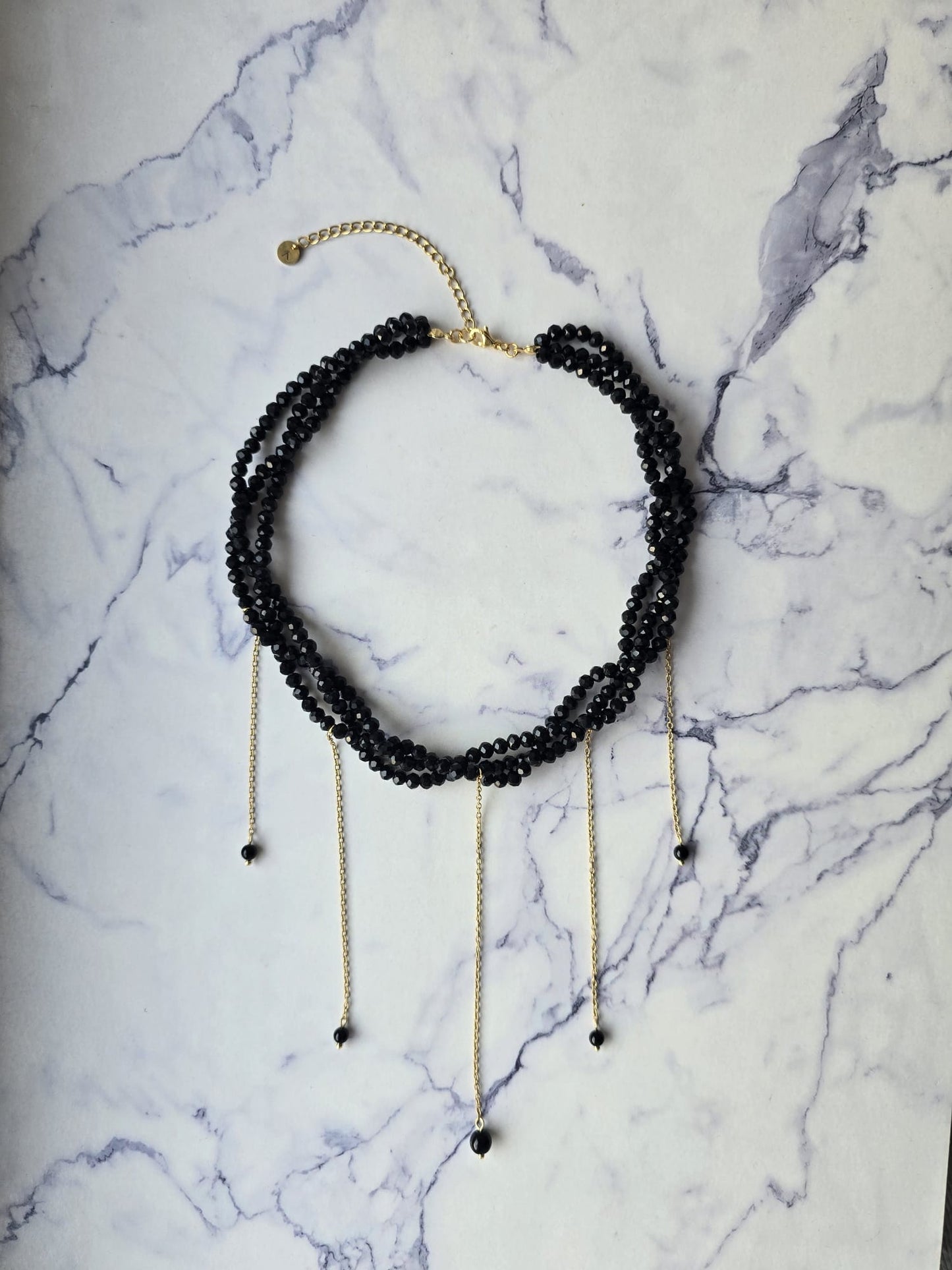 Triple Layer Glass Crystals Necklace with Chains & Onyx Stones
