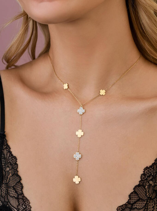 14k Gold Plated Crystal and Flat Clovers Y Necklace