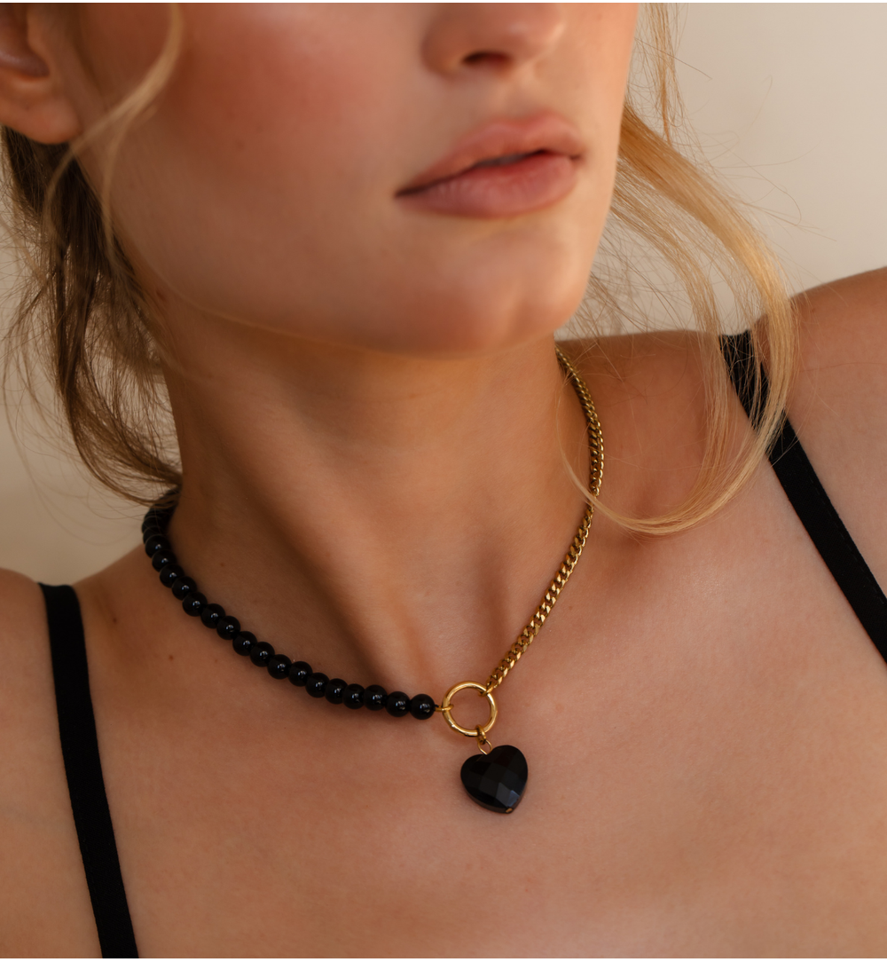 Gold Plated Chain Necklace and Black Onyx with Heart 0611