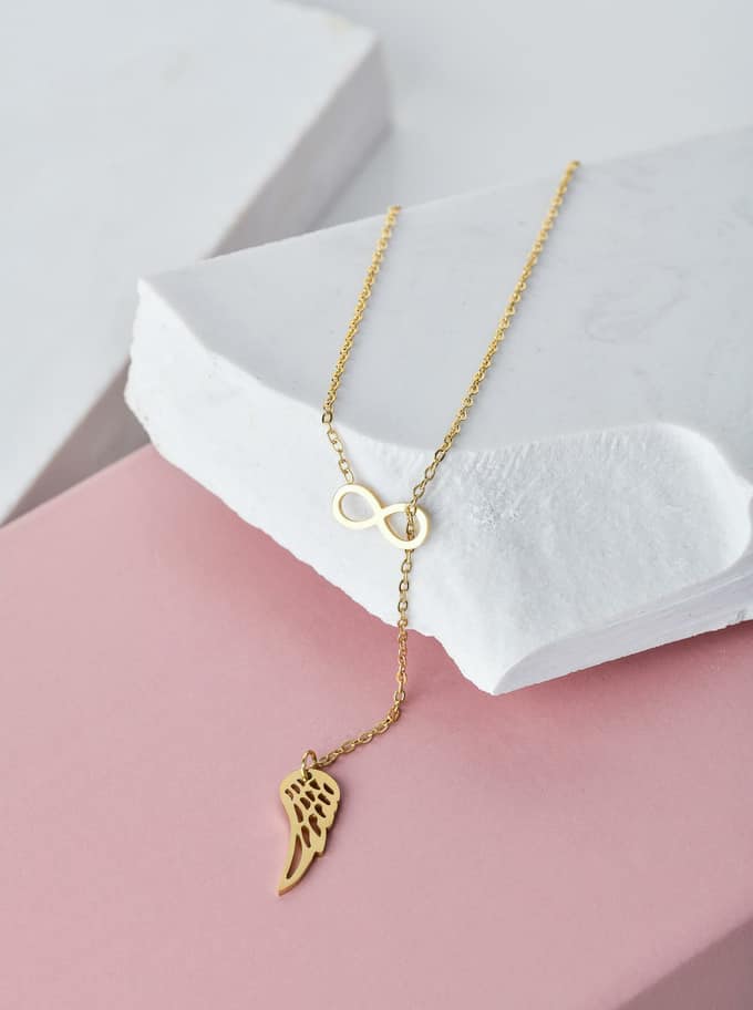14k Gold Plated Lariat Necklace with Wing & Infinity