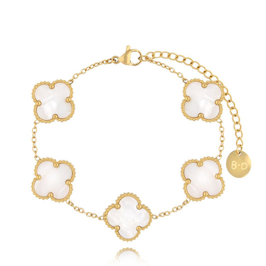 Gold Plated Bracelet with Large White Pearl Clovers