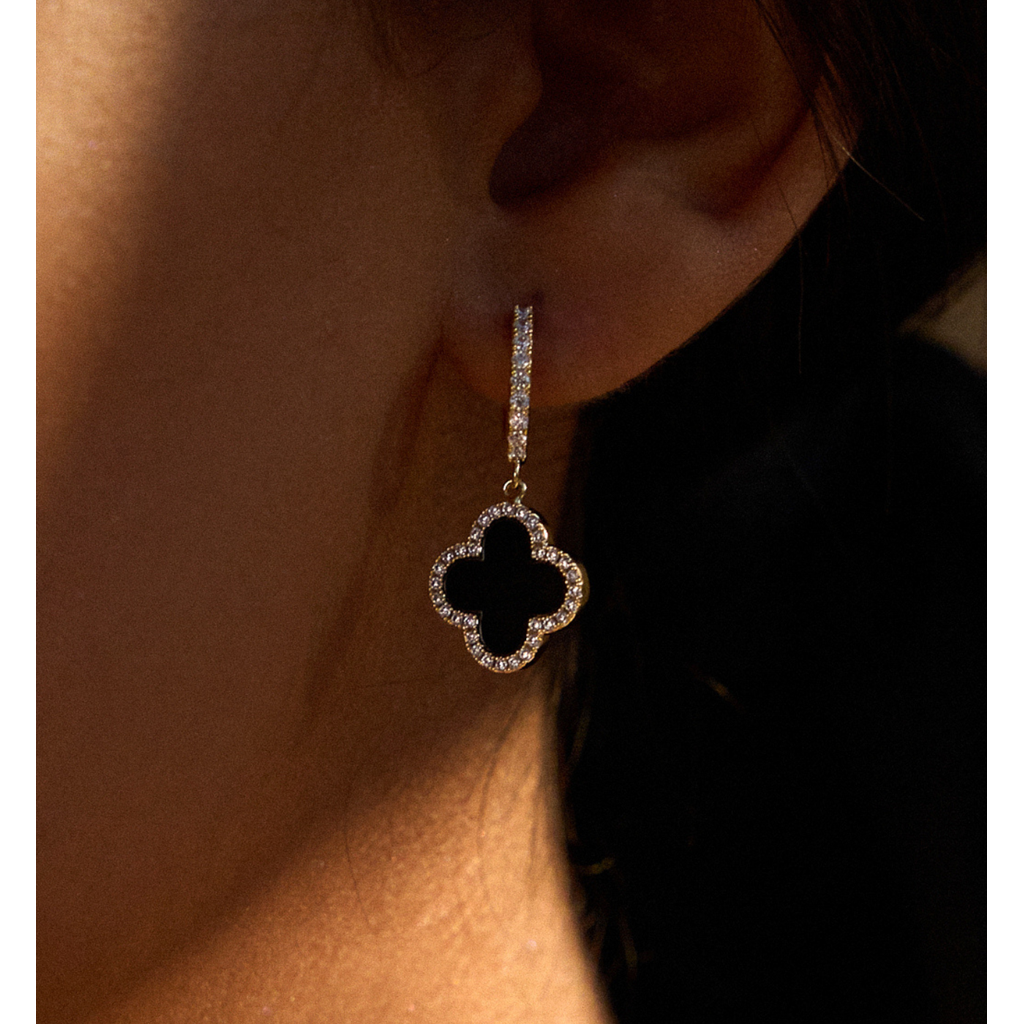 Zirconium Hoop Earrings with Black Enamel Clover and Crystals