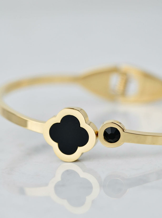 14k Gold Plated Oval Bracelet with Black Enamel Clover