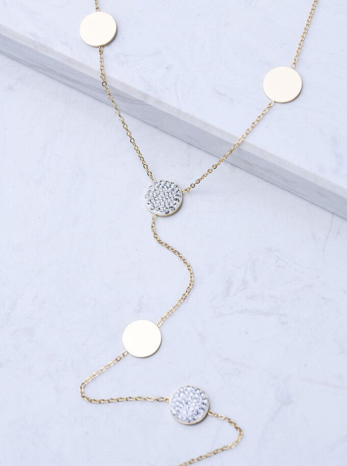 14k Gold Plated Y Necklace with Crystal and Flat Discs