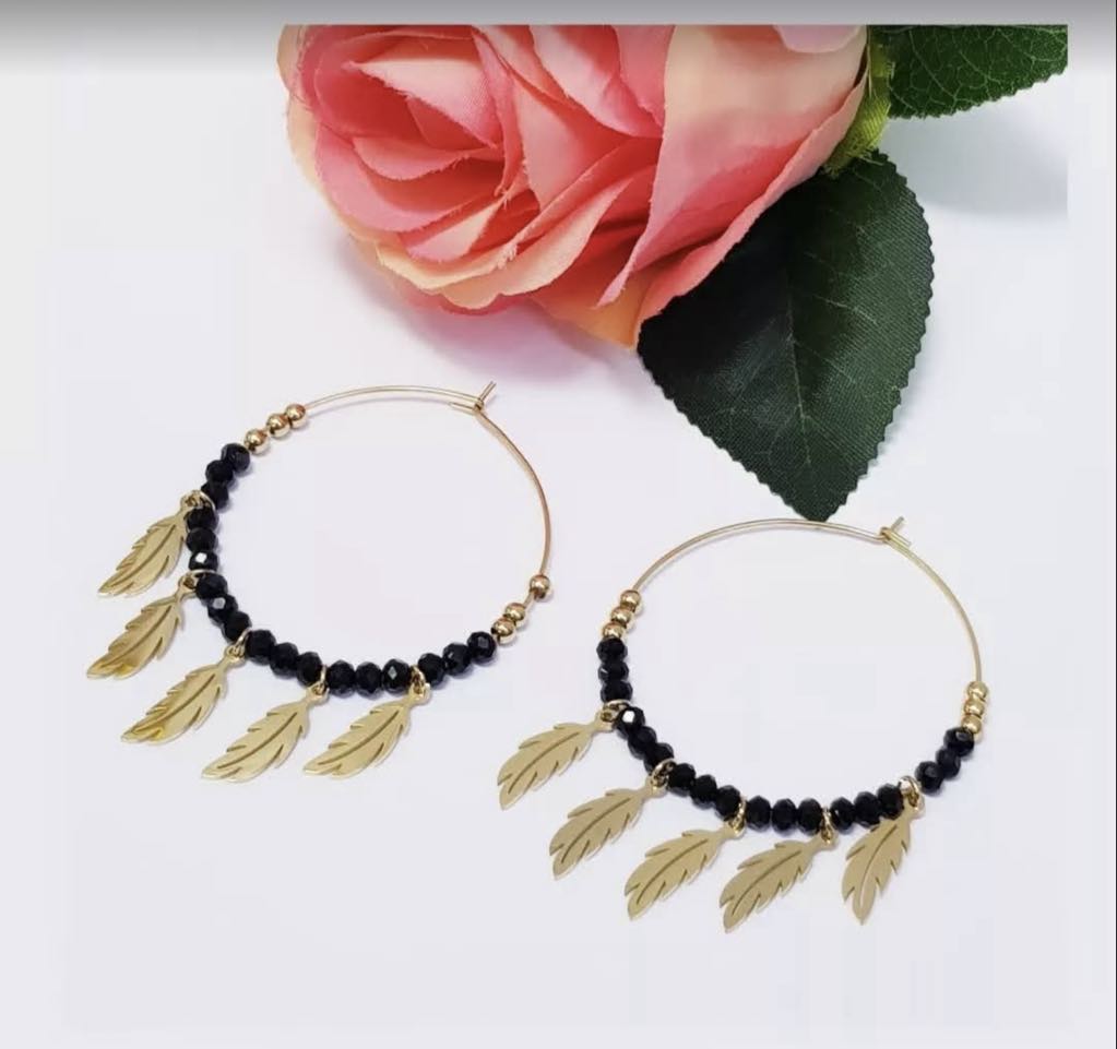 Gold Plated Feather Hoops with Black Crystals