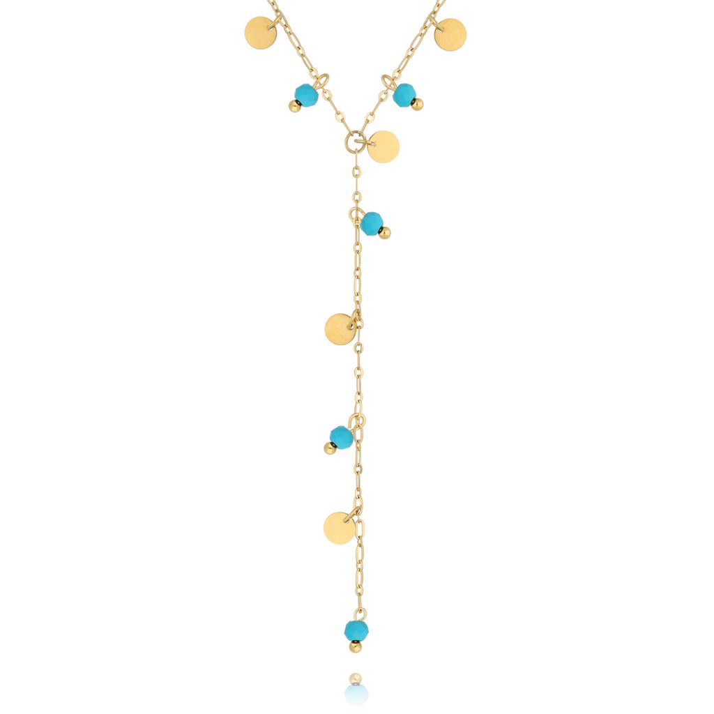 Gold Plated Turquoise Y Necklace with Gold Discs Incantatio