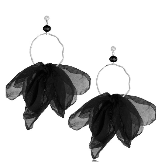 Flower Black Silk Hoop Earrings with Silver Finishing