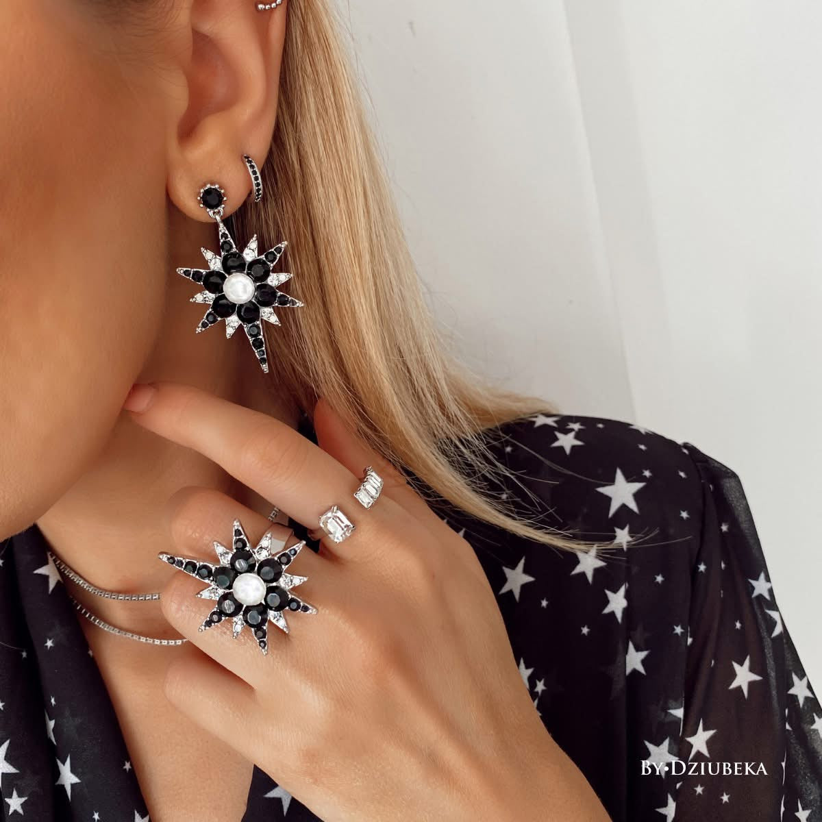 Black and White Crystals Star Earrings with Silver Finishing