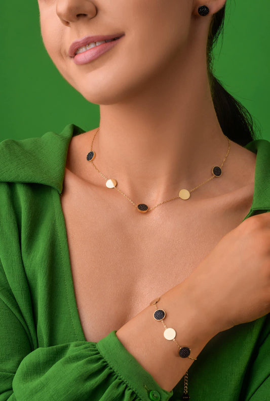 14k Gold Plated Chain Necklace with Black Crystal Circles (CL)