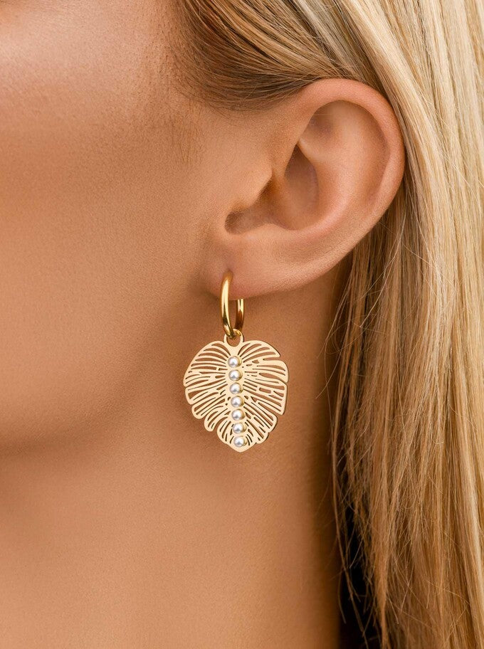 14k Gold Plated Monstera Leaf Earrings with Pearls