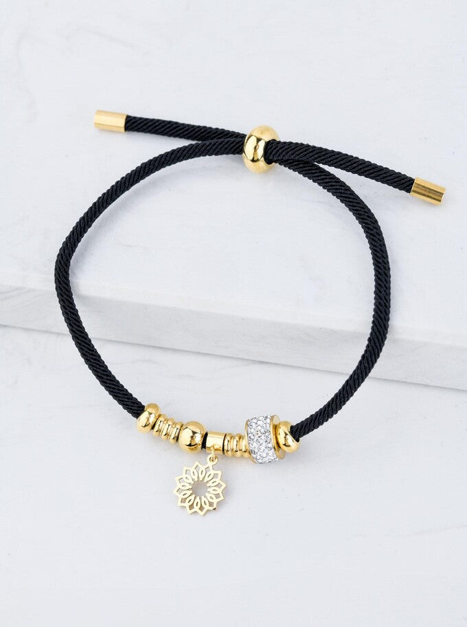 Lucky Black String Bracelet with Crystal Charm and Rosette Pendant