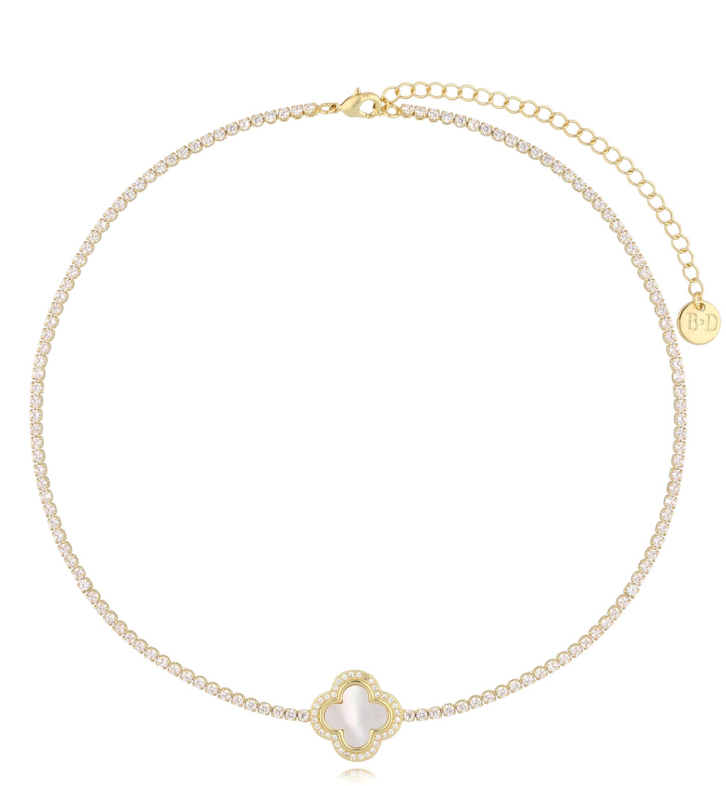 Crystals Necklace with White Enamel Clover