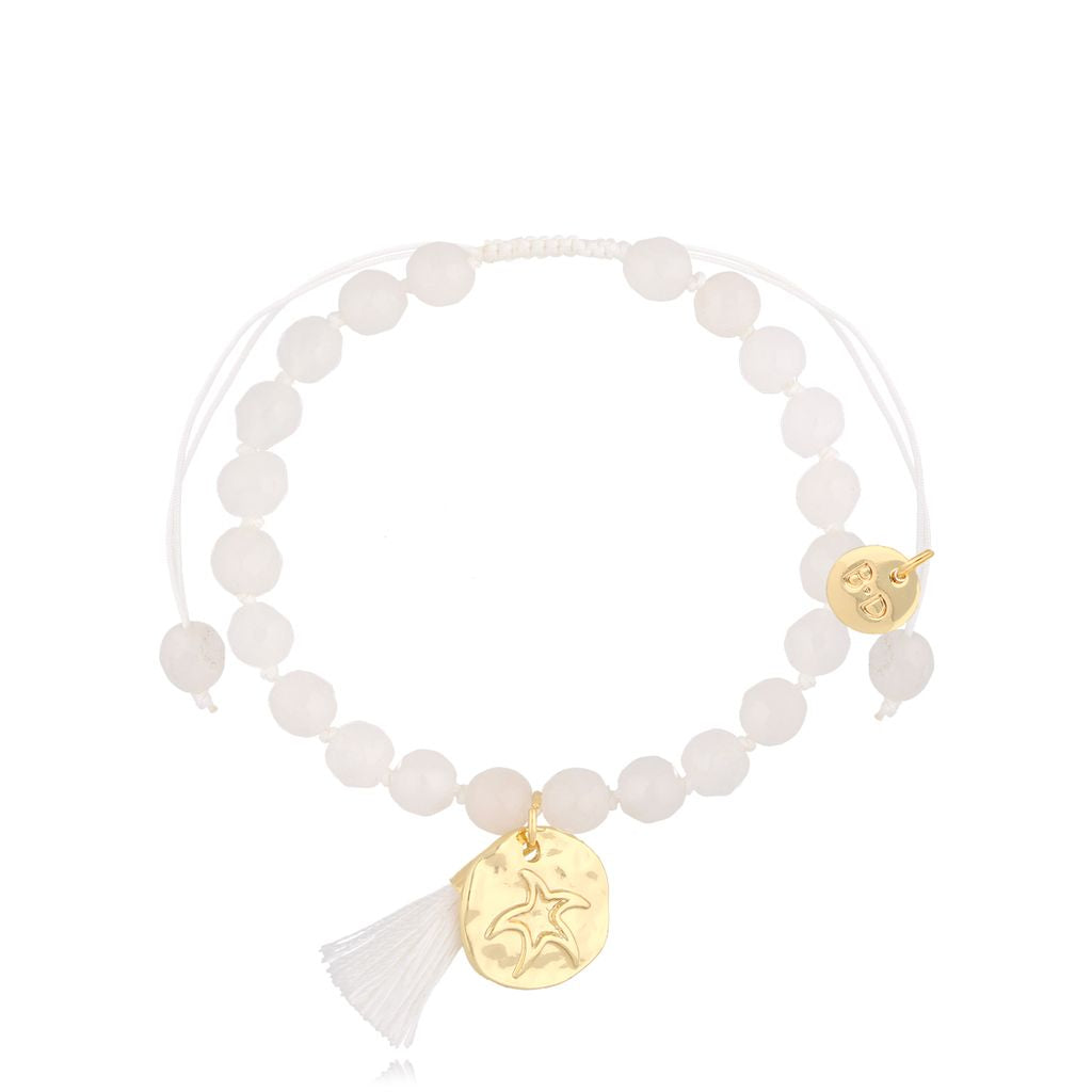 White Jadeite Stones Bracelet with Fringe and Gold Pendant