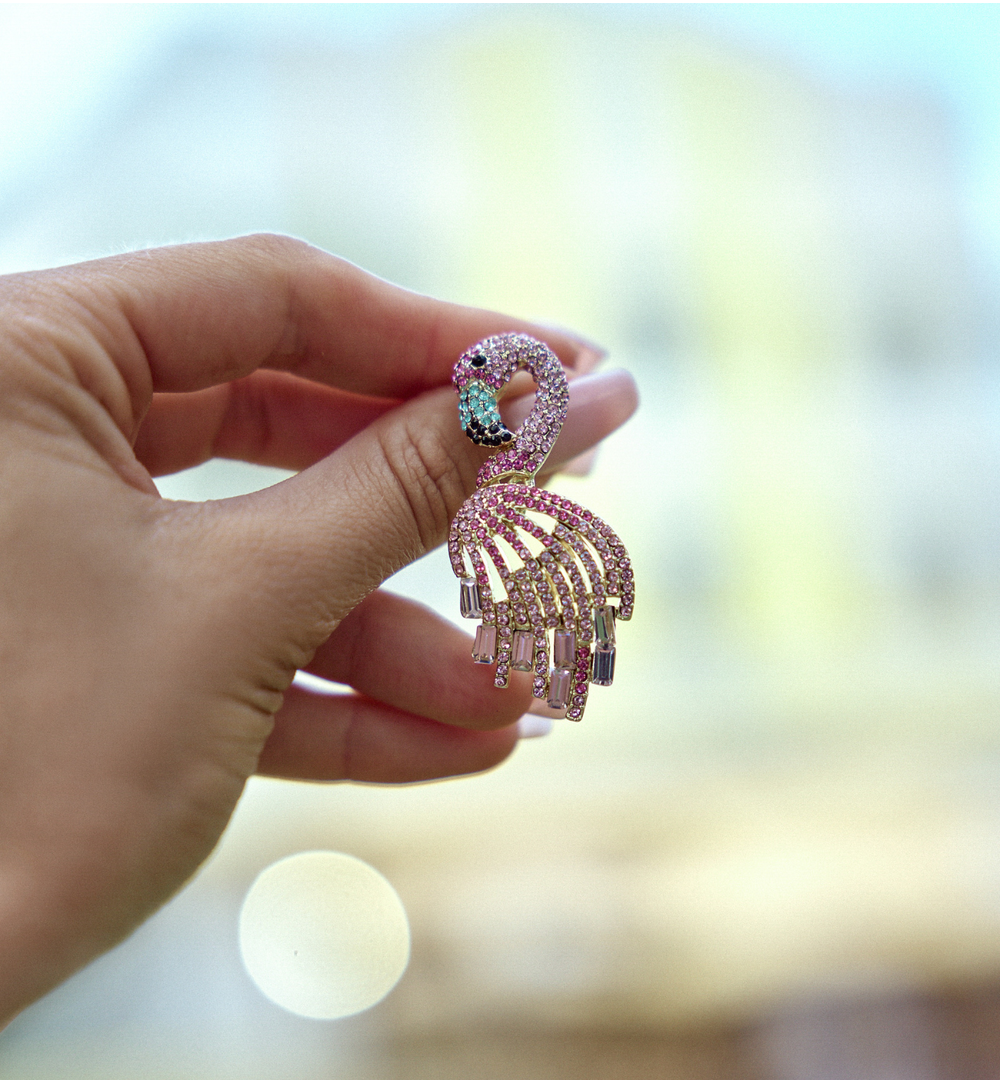 Pink Crystals Dream Tropical Flamingo Earrings