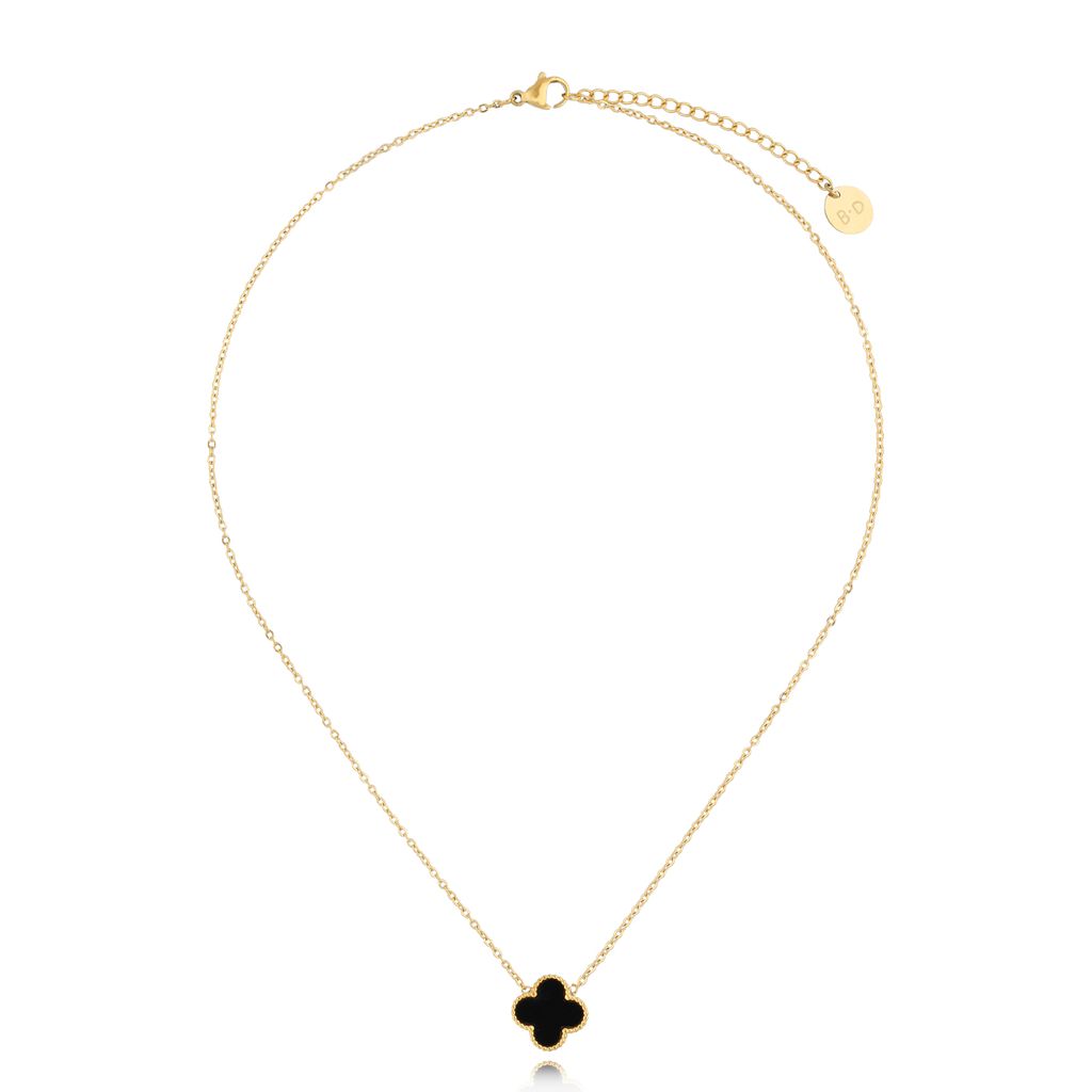 Gold Plated Black Enamel Clover Necklace
