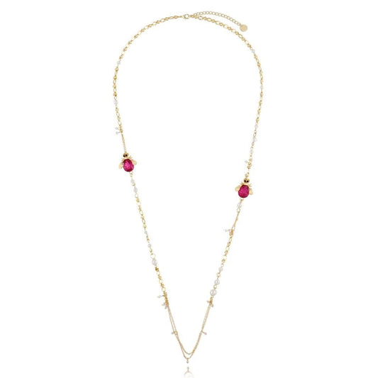 Midnight Forest Long Necklace with Pink Beetles and Pearls