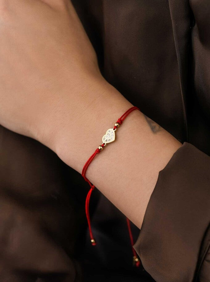 Good Luck Red String Bracelet with Gold Plated Crystals Heart
