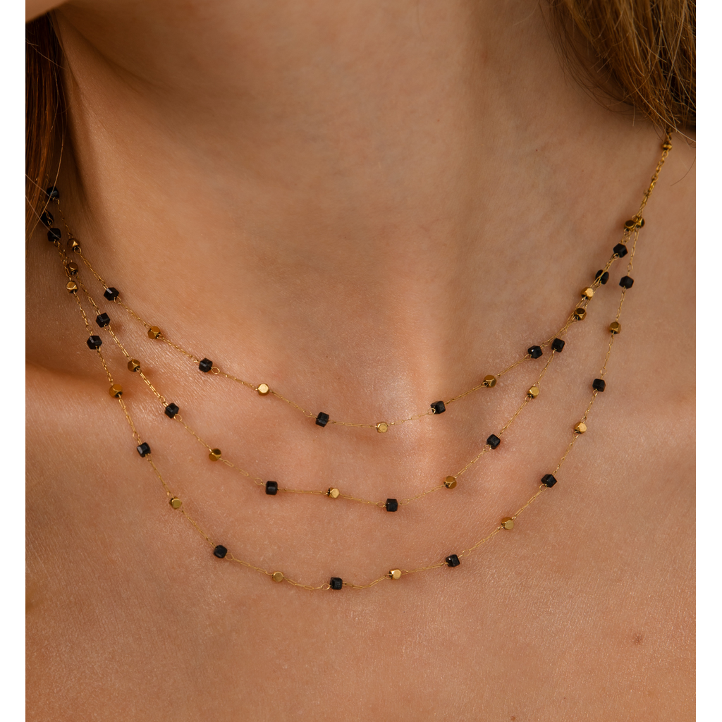 Gold Plated Layer Black Agate and Gold Blocks Necklace