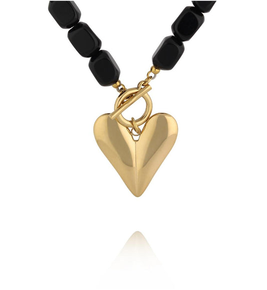 Glam Rock Rectangular Black Faceted Beads Necklace with Gold Heart