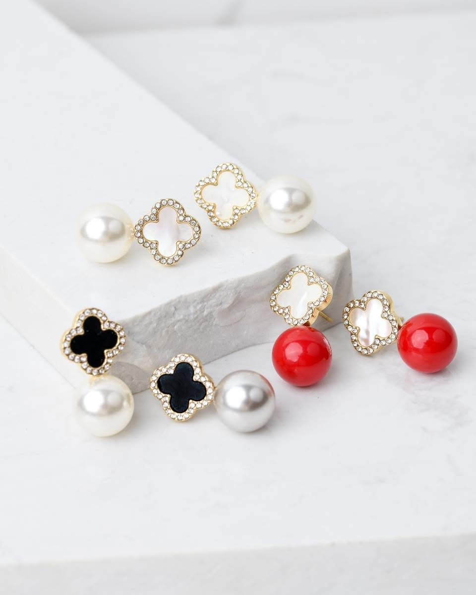 14k Gold Plated Black Clover Studs with Gray Pearl