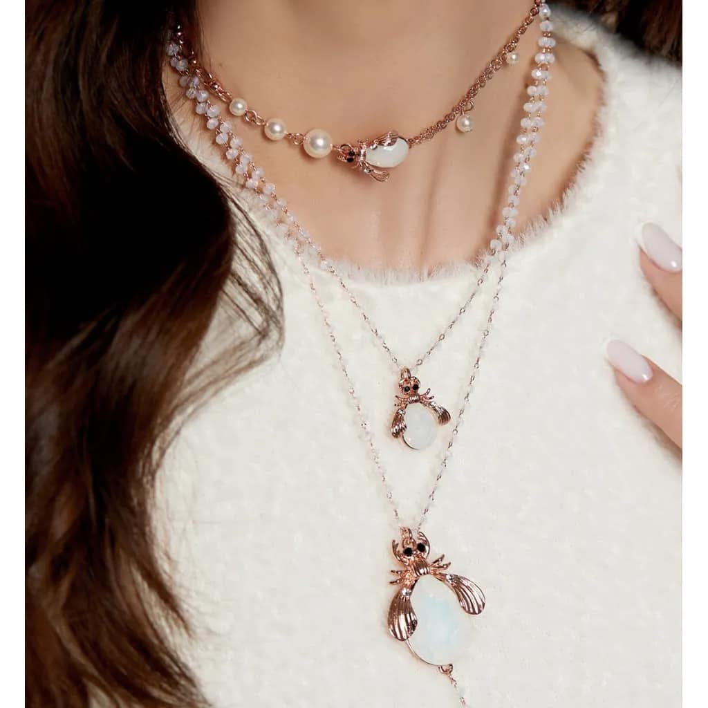 Rose Gold Lariat Milk White Beetle Necklace with White Crystals