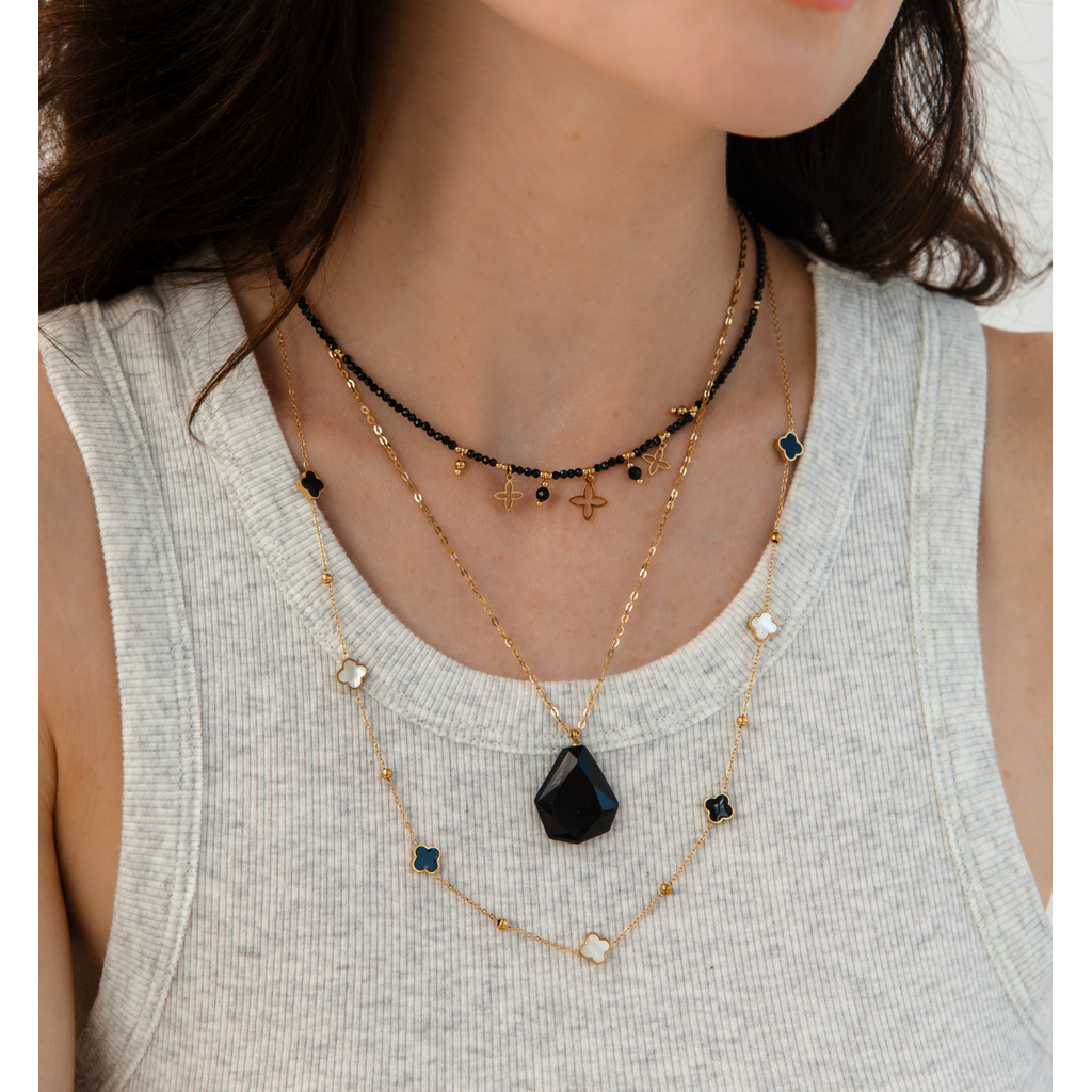 Gold Plated Black Tourmaline Stones Necklace with Gold Plated Lily Flowers