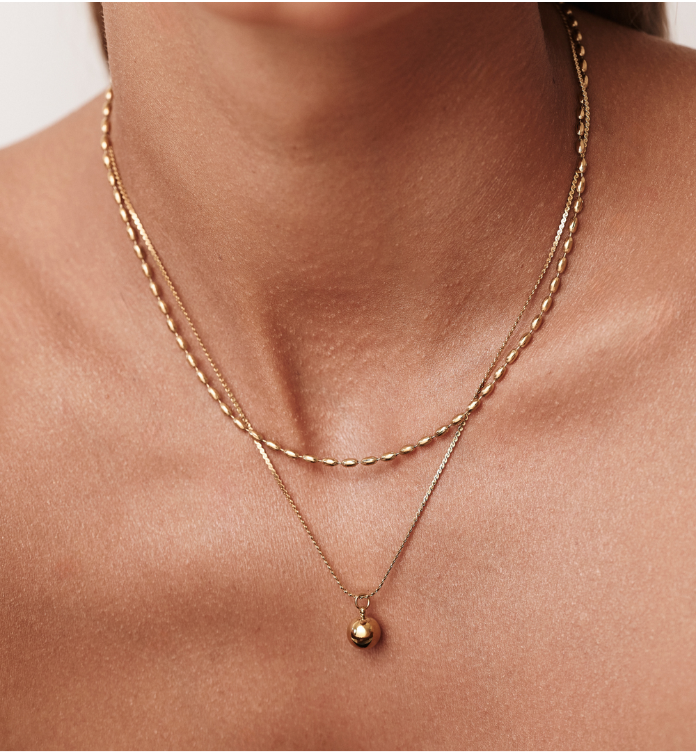 Gold Plated Double Chain Necklace with Gold Ball