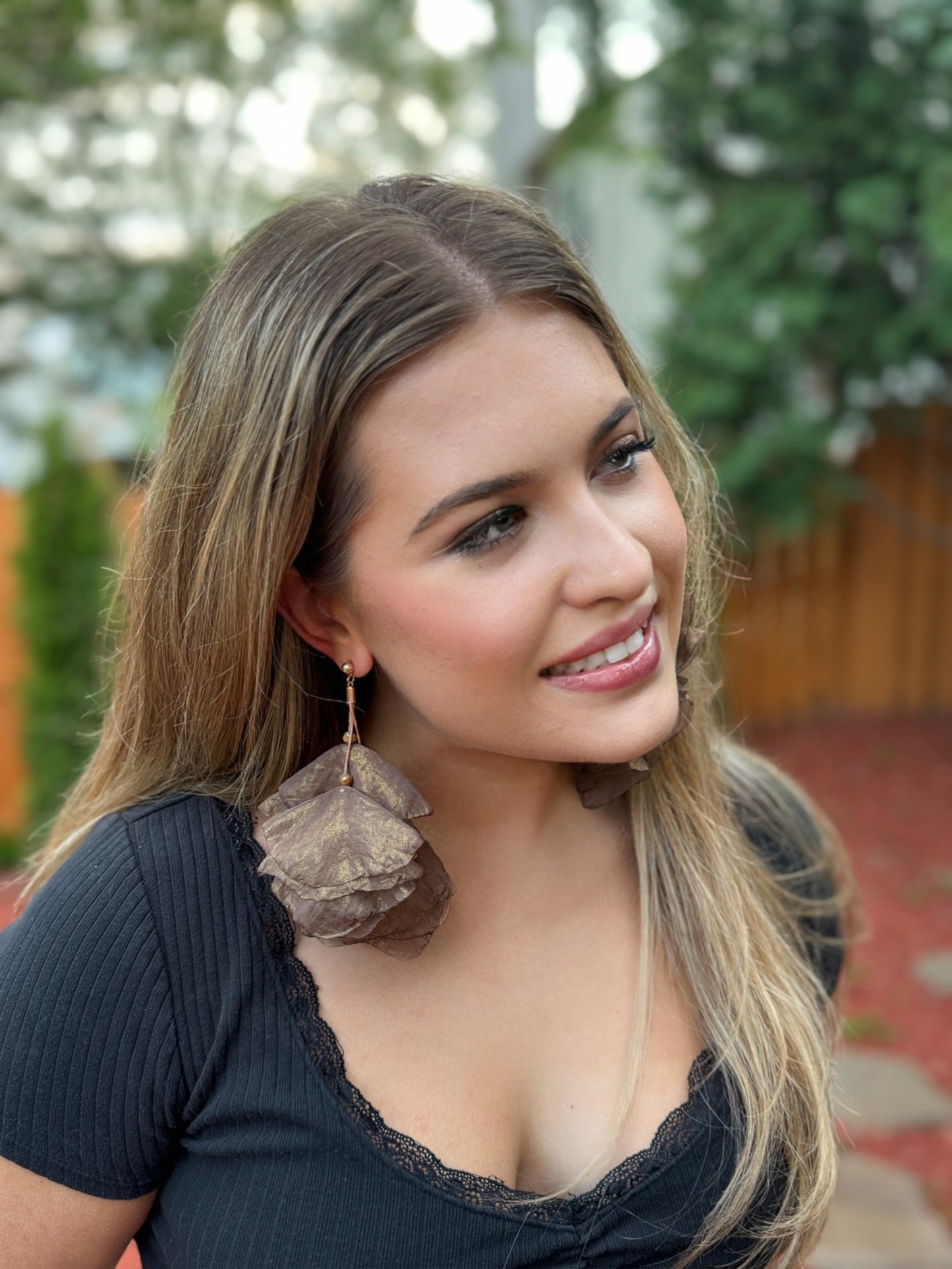 Multi Layer Silk Flower Earrings in Chocolate Brown