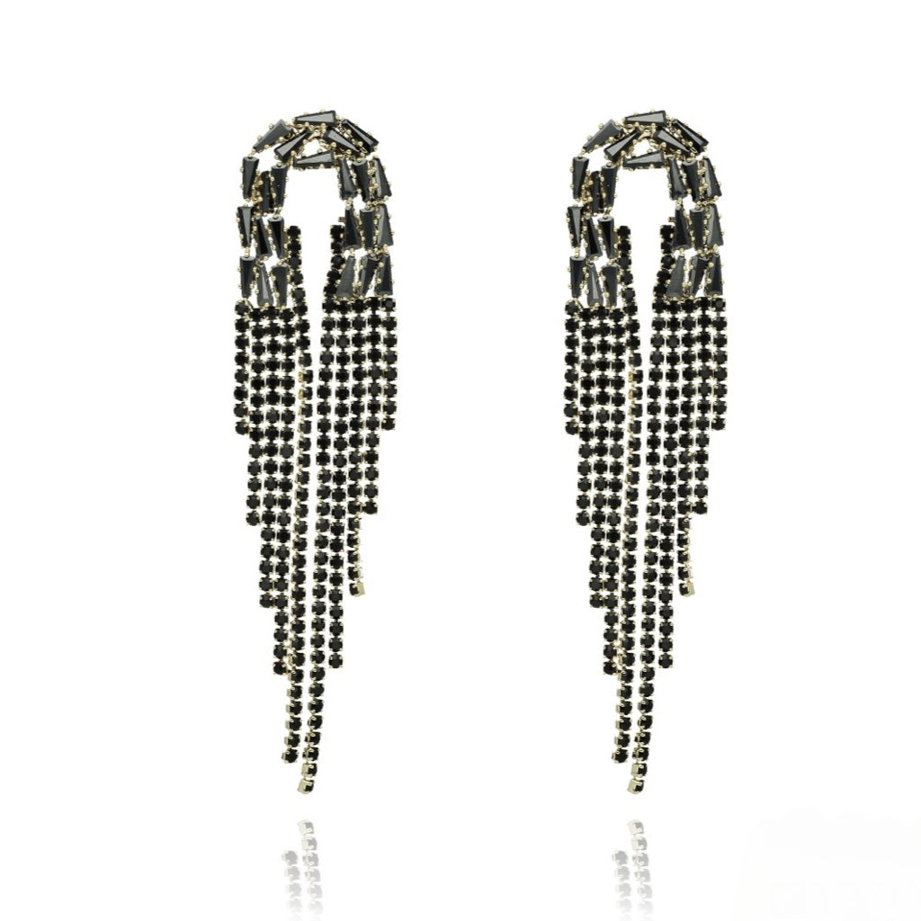 Glamour Gold Earrings with Muli Shape Black Rhinestones
