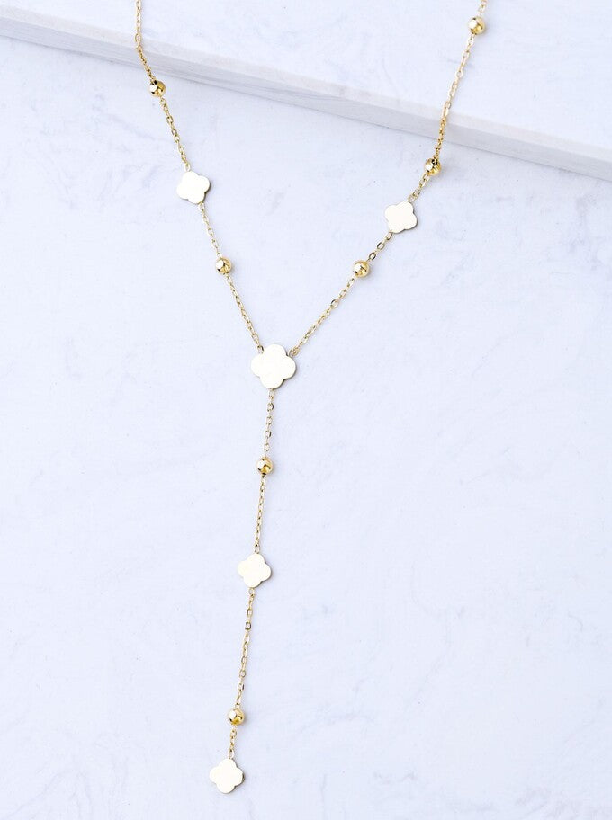 14k Gold Plated Y Necklace with Gold Clovers and Balls