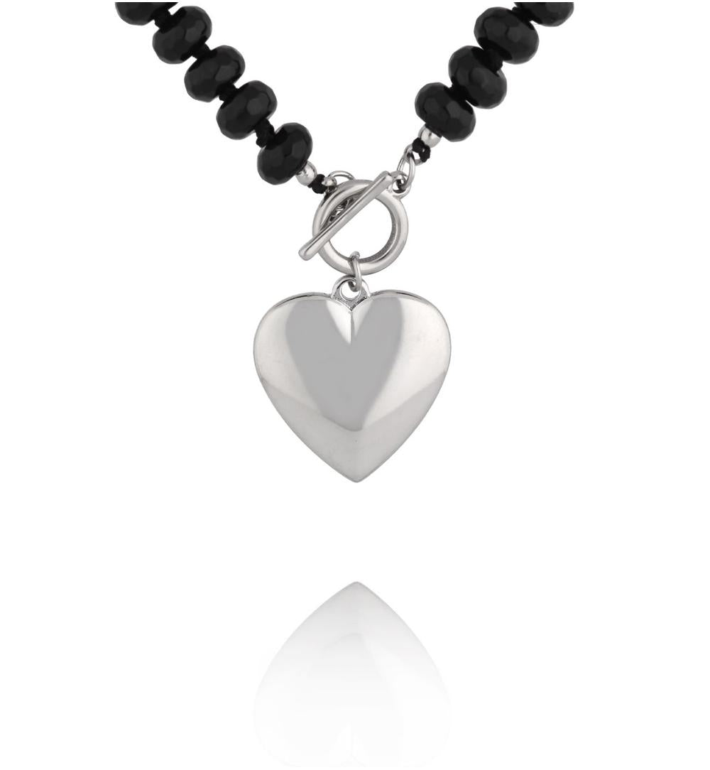 Glam Rock Black Agate Stones Necklace with Silver Heart 1630