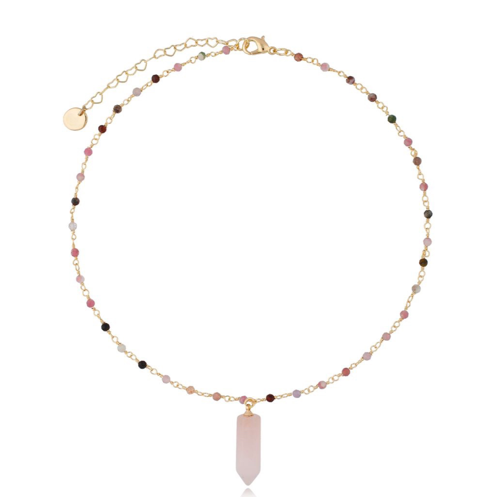 Pink Quartz and Turmaline Stones Necklace with Quartz Pendant