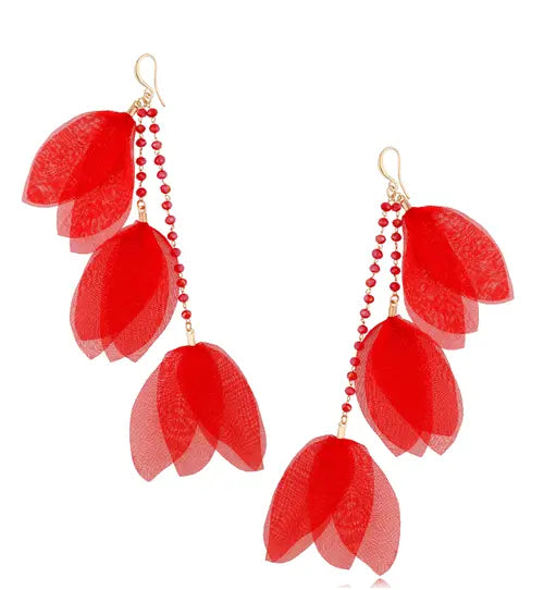 Red Silk Flower Earrings with Beads Tulip