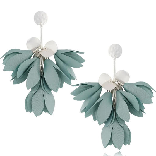 Cayan Green Satin Blossom Flower Earrings with Silver Finishing
