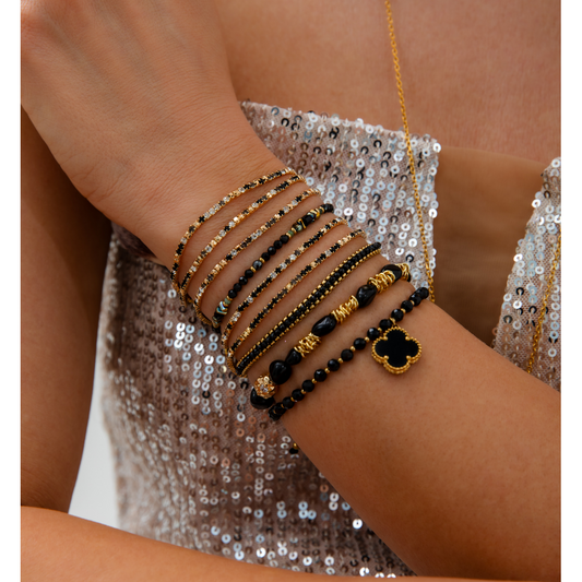 Black Agate Bracelet with Gold Spacers and Crystal