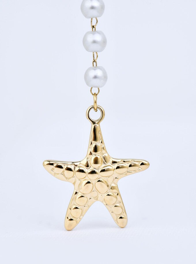 14k Gold Plated Lariat Necklace with Starfish and White Pearls