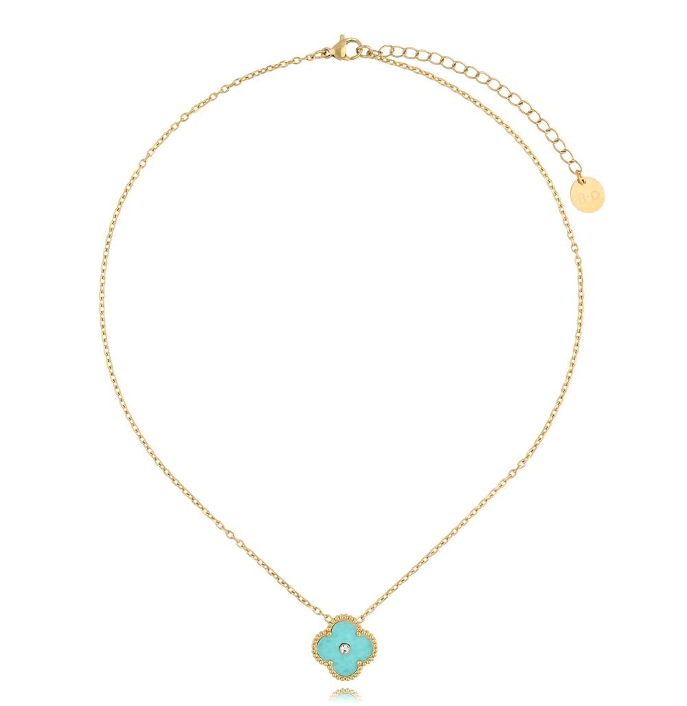 Gold Plated Tiffany Turquoise Clover w Crystal 0255