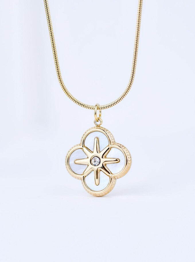 14k Gold Plated White Pearl Clover Necklace