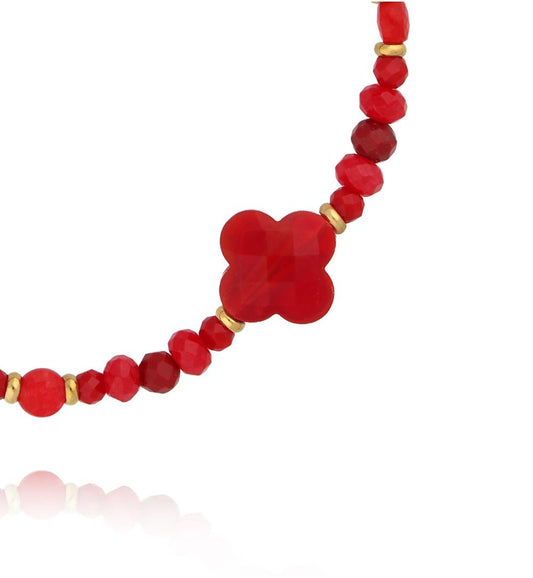 Gold Plated Red Jadeite and Crystals Clover Bracelet Karafuu