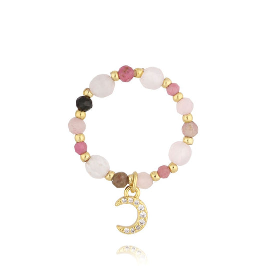 Pink Quartz & Tourmaline Stones Ring with Crystals Moon
