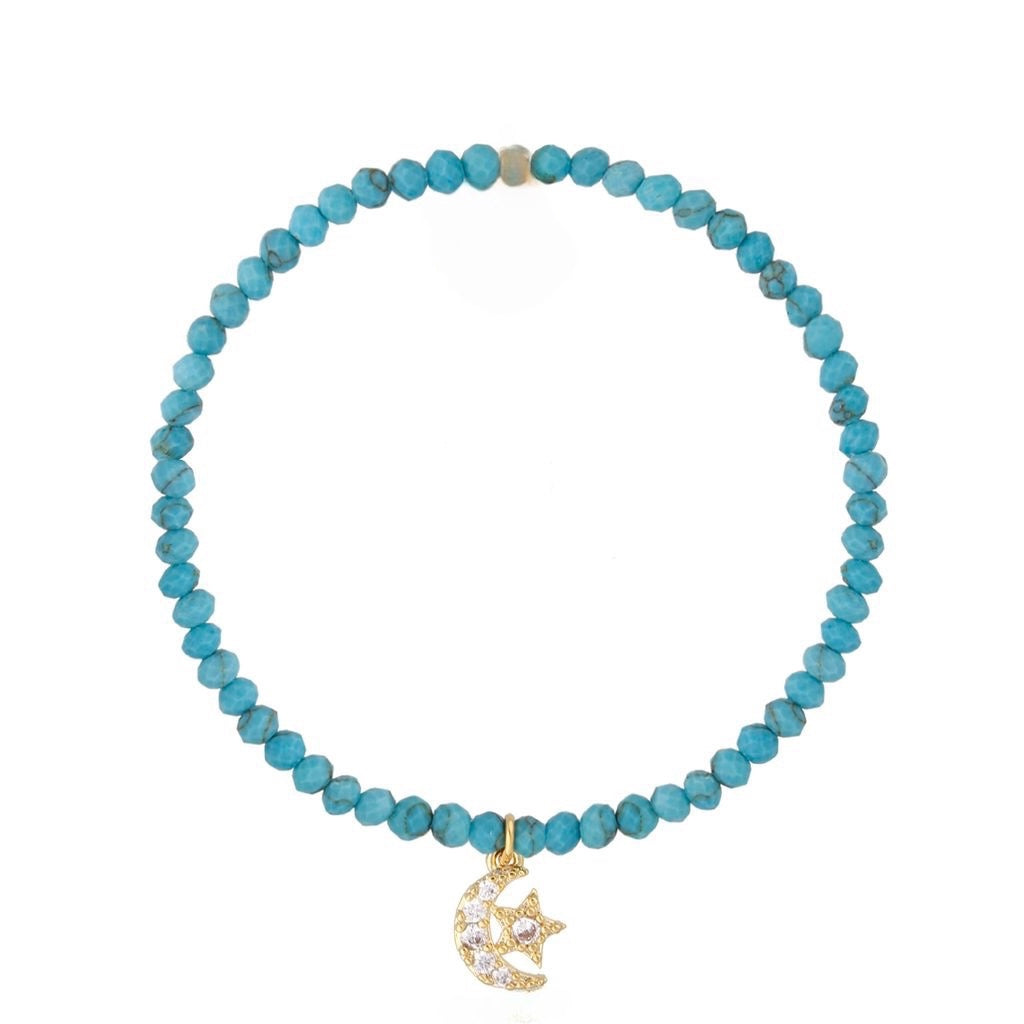 Blue Faceted Stones Bracelet with Crystal Moon and Star Pendant