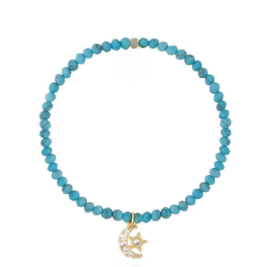 Blue Faceted Stones Bracelet with Crystal Moon and Star Pendant