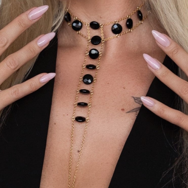 24k Gold Plated Elegance Black Onyx Body Chain Necklace