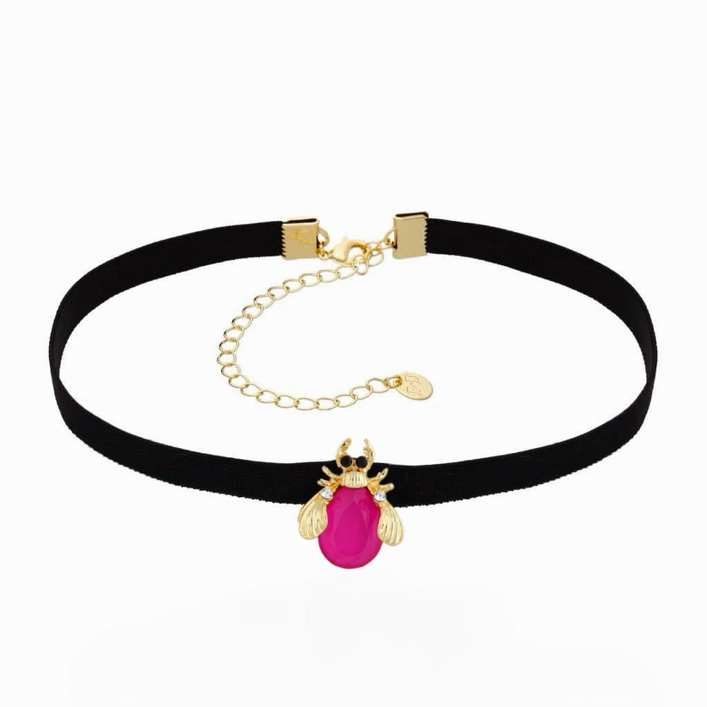 Black Elastic Choker with Hot Fuchsia Beetle Powerfull
