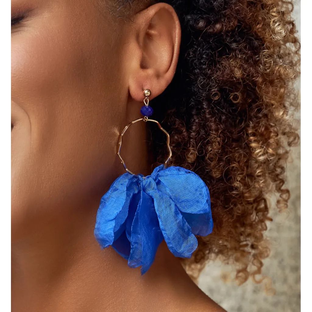 Silk Flower Royal Blue Ring Earrings