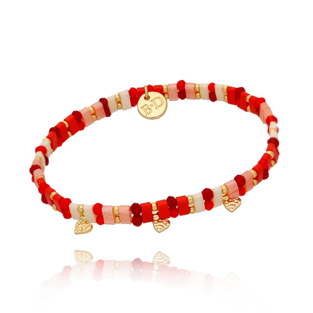 Red Paradise Bracelet with Three Hearts and Miyuki Beads