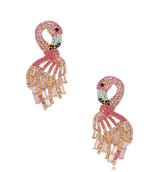Pink Crystals Dream Tropical Flamingo Earrings