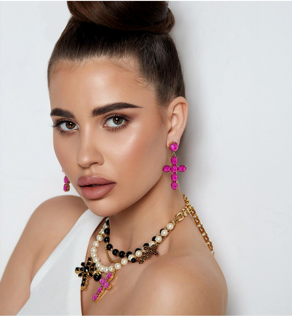 Fuchsia Crystals Cross Earrings Jolene